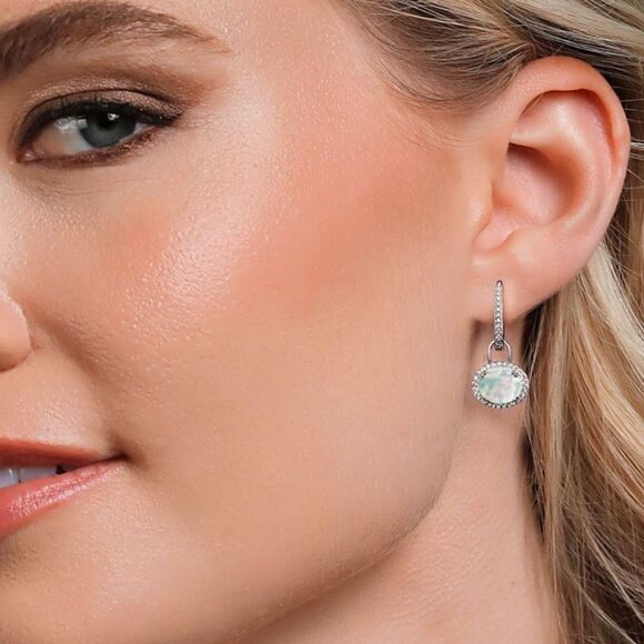 925 Sterling Silver with 2.04 Cttw White Opal Oval Dangling French Lock Earrings - Picture 3 of 5